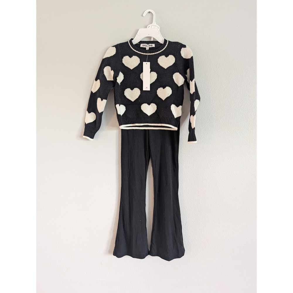 VIGOSS Girls 2 Piece Heart Sweater Top & Knit Pants Set Black White Size 7/8 NWT